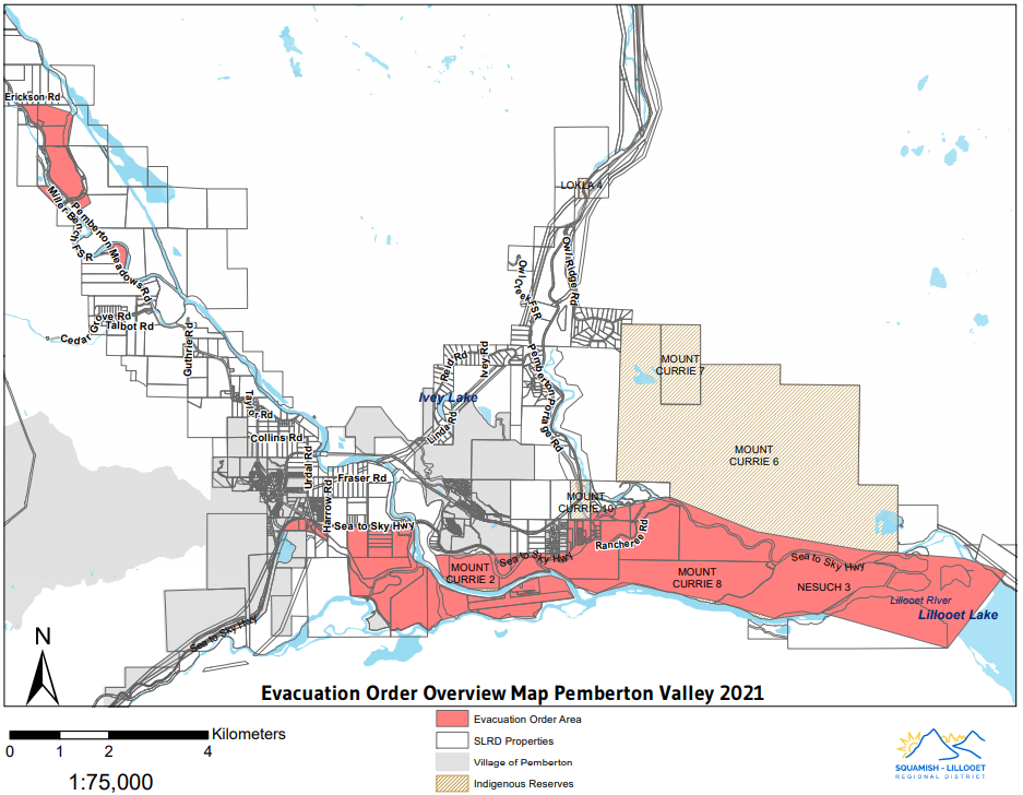 Properties covered by an evacuation order in the Pemberton Valley.