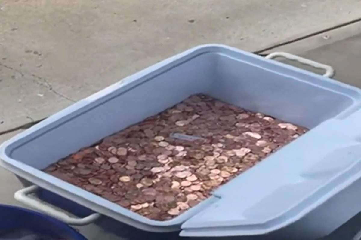 A trove of pennies is shown at Avery Sanford’s home in Virginia.