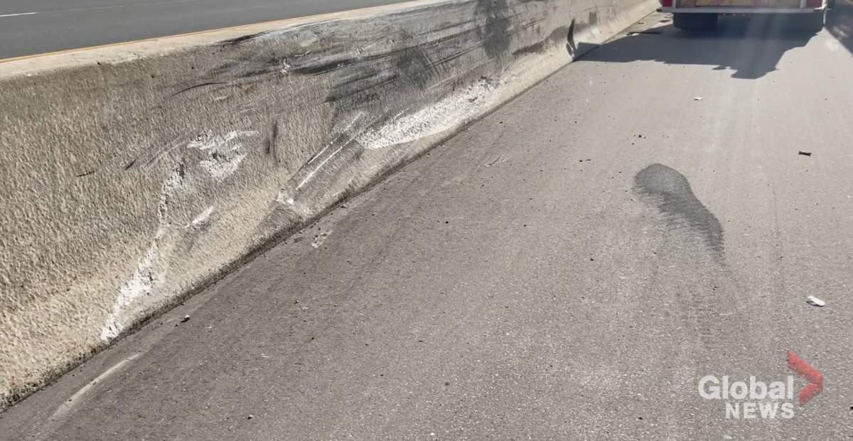 A section of the median wall on Hwy. 401 where the transport truck struck.