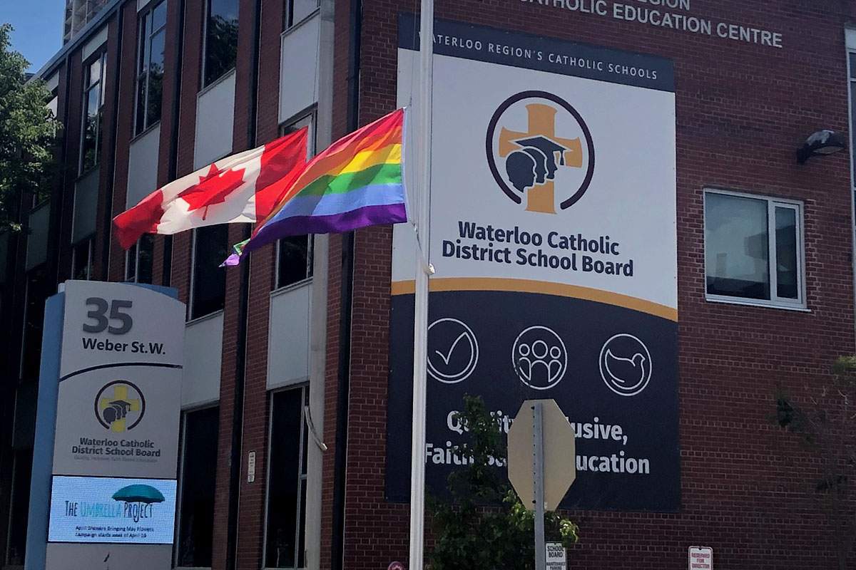 A pride flag flew in front of the Waterloo Catholic District School Board offices for the first time on Tuesday,.