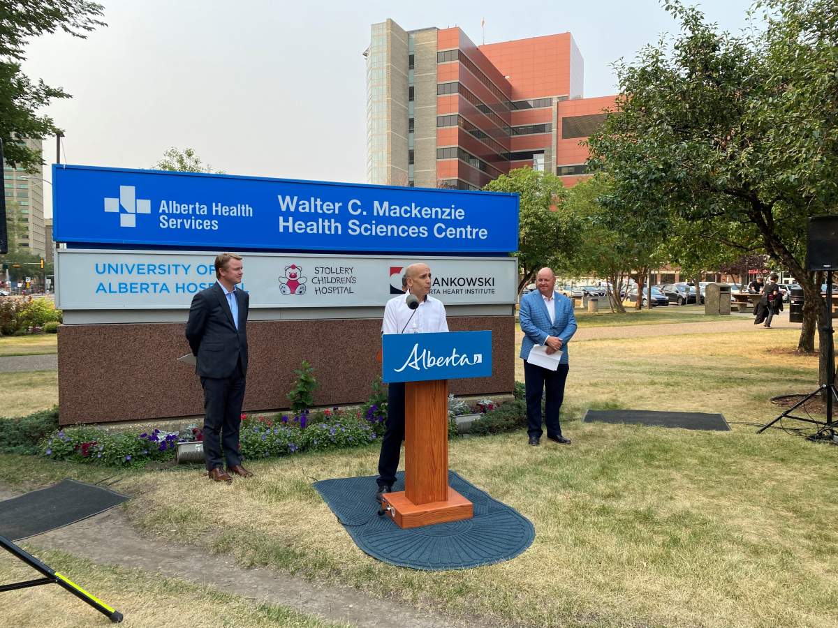 Health Minister Tyler Shandro, Dr. Dr. Mark Joffe, vice-president and medical director, Alberta Health Services, and Mike House, CEO of the Stollery Children’s Hospital Foundation, at an announcement on Thursday, July 29, 2021.