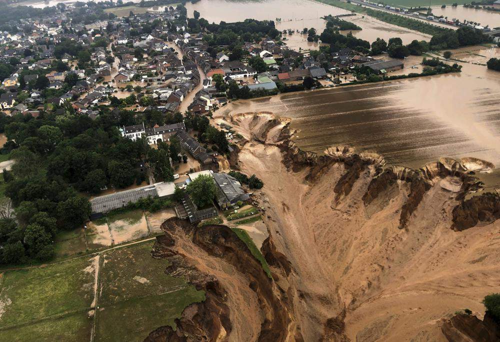 This image provided on Friday, July 16, 2021 by the Cologne district government shows the Blessem district of Erftstadt in Germany.