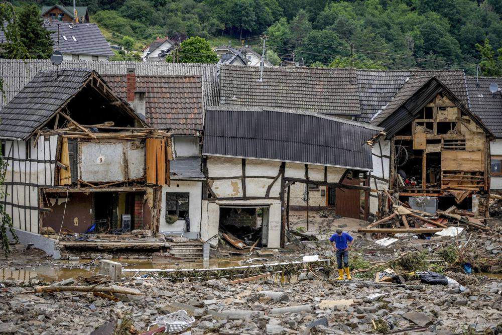 Destroyed houses are seen in Schuld, Germany, Thursday, July 15, 2021. Due to heavy rain falls the Ahr river dramatically went over the banks the evening before.