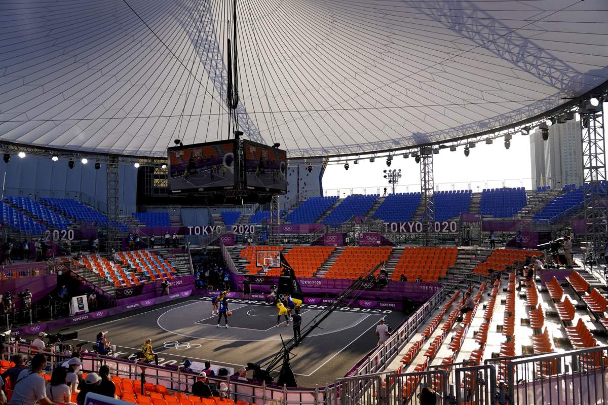 The United States plays Romania during a women’s 3-on-3 basketball game at the 2020 Summer Olympics, July 25, 2021, in Tokyo, Japan.