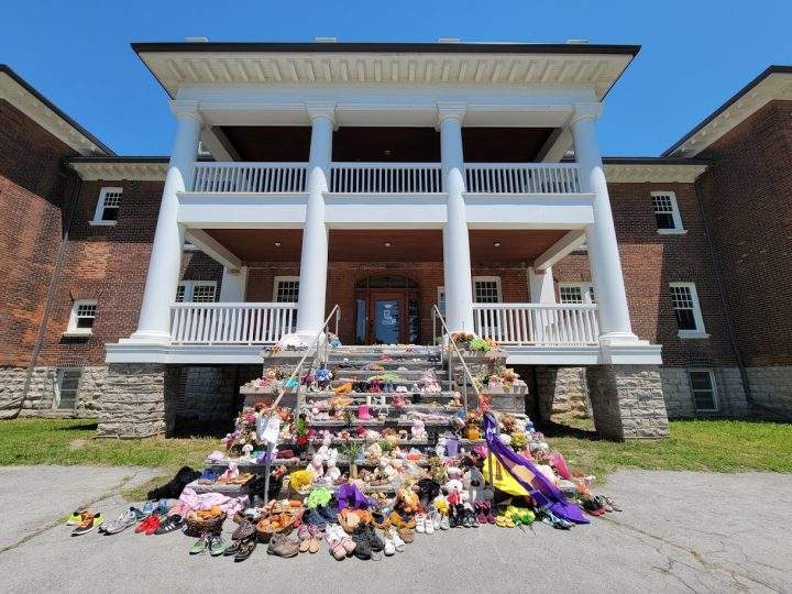 The memorial honouring missing and deceased children from residential schools is seen before it was vandalized.