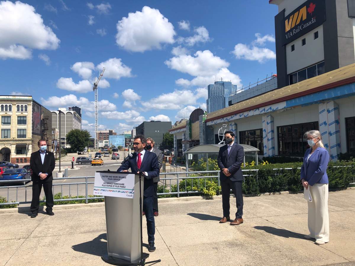 Transportation Minister Omar Alghabra during Wednesday's announcement in London, Ont., alongside Deputy Mayor Josh Morgan, Mayor Ed Holder, London North Centre MP Peter Fragiskatos, and London West MP Kate Young.