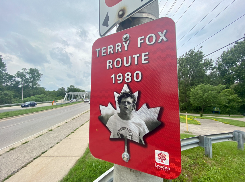 One of the 38 street signs identifying the route Terry Fox took through London during his Marathon of Hope.