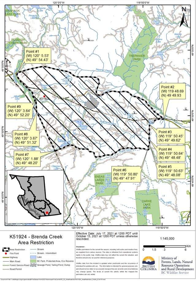 A map showing an area restriction order for the Brenda Creek wildfire. The area restriction order will take effect at noon on July 17 and will remain in effect until Oct. 15 or until it’s rescinded.