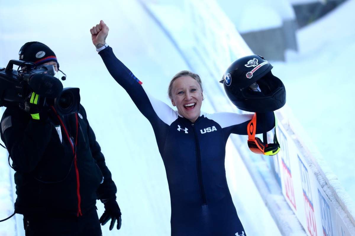 Bobsleigh pilot Kaillie Humphries of the United States reacts at the finish line after taking first place during the women's monobob race at the Bobsleigh and Skeleton World Championships in Altenberg, Germany, Sunday, Feb. 14, 2021.