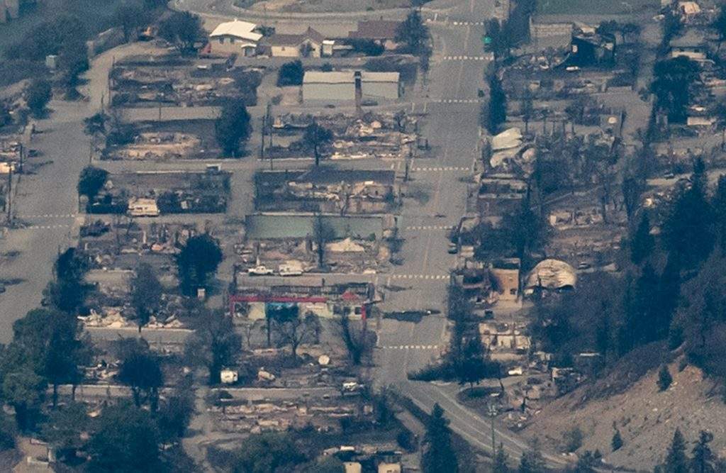 Structures destroyed by wildfire are seen in Lytton, B.C., on Thursday, July 1, 2021.