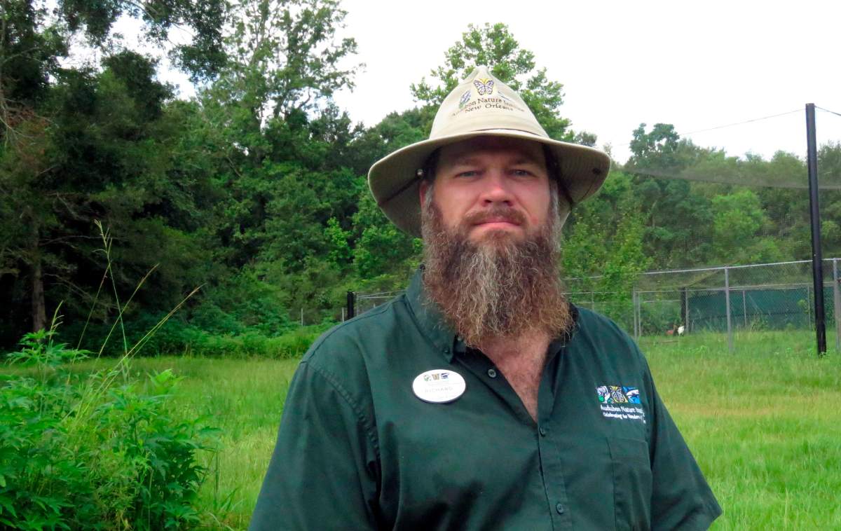 Richard Dunn stands well away from a whooping crane enclosure to avoid alarming the white adult and brown chick on Tuesday, July 13, 2021.