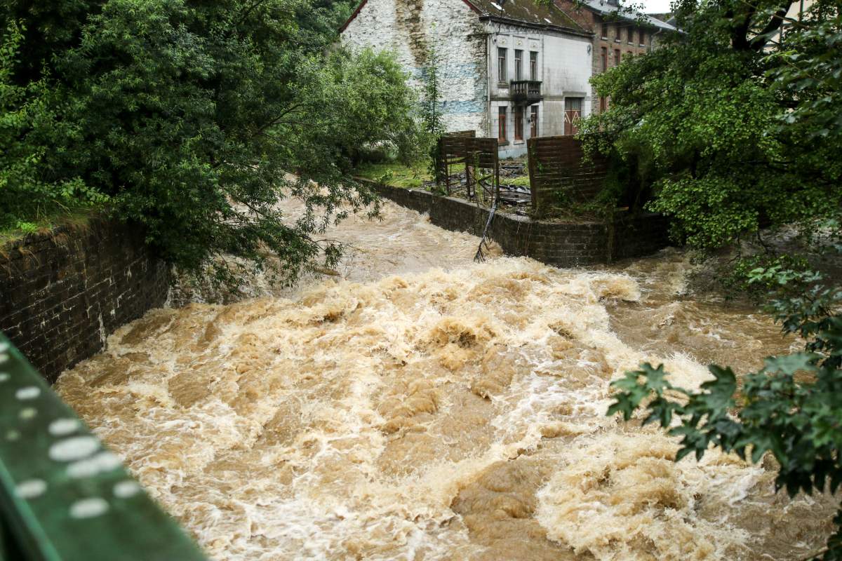 A view of a flooded street in Liege region, Belgium, after heavy rainfall, Wednesday, July 14, 2021.
