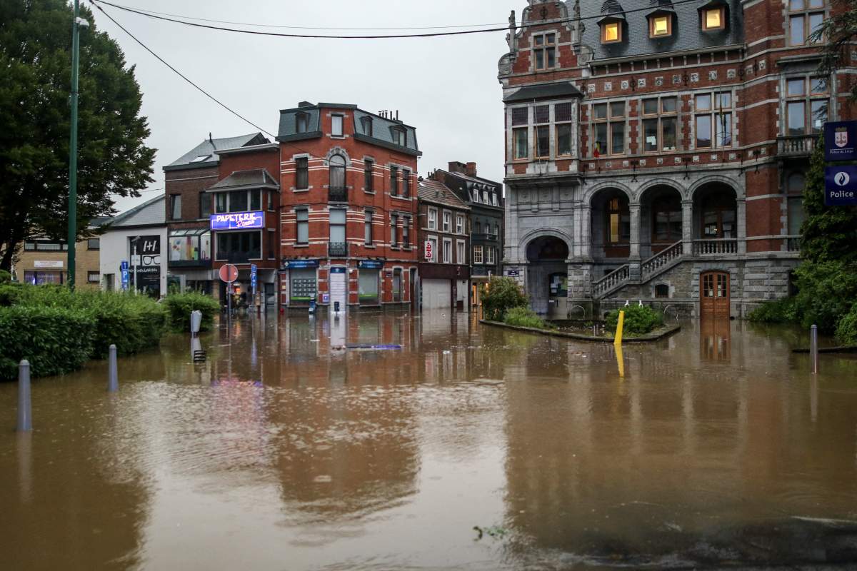 A view of a flooded street in Liege region, Belgium, after heavy rainfall, Wednesday, July 14, 2021.