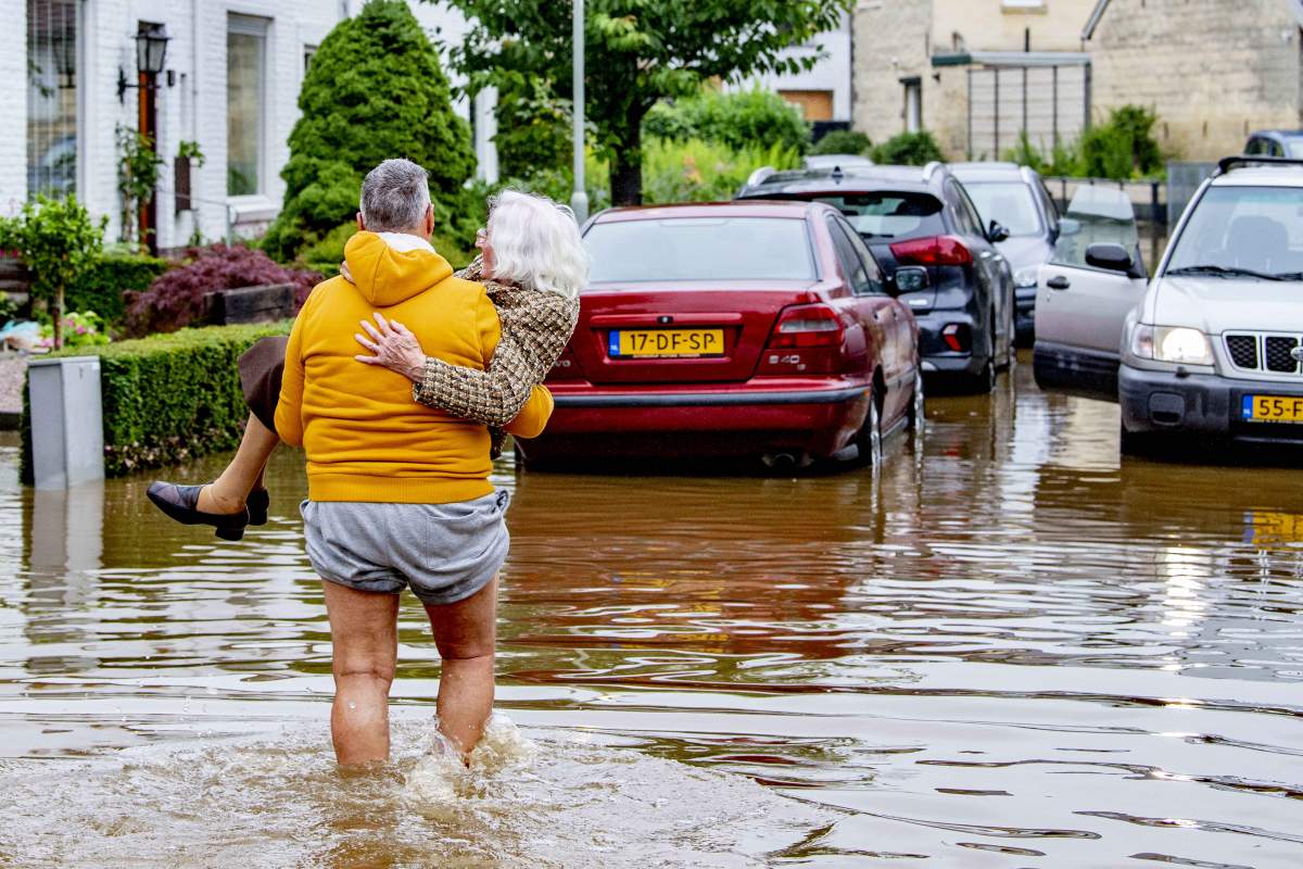 Dutch royals inspect the damage caused by extreme flooding on July 15, 2021 in Valkenburg, Netherlands.