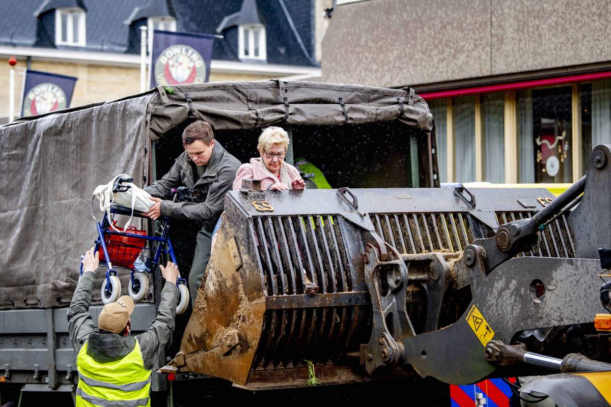 Dutch royals inspect the damage caused by extreme flooding on July 15, 2021 in Valkenburg, Netherlands.