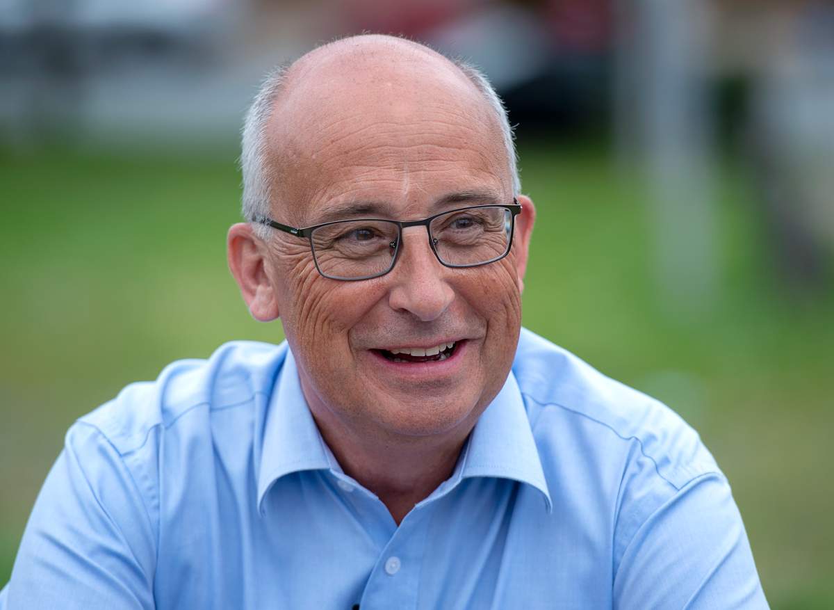 Nova Scotia NDP leader Gary Burrill sports a smile at a campaign stop in Halifax on Tuesday, July 20, 2021.