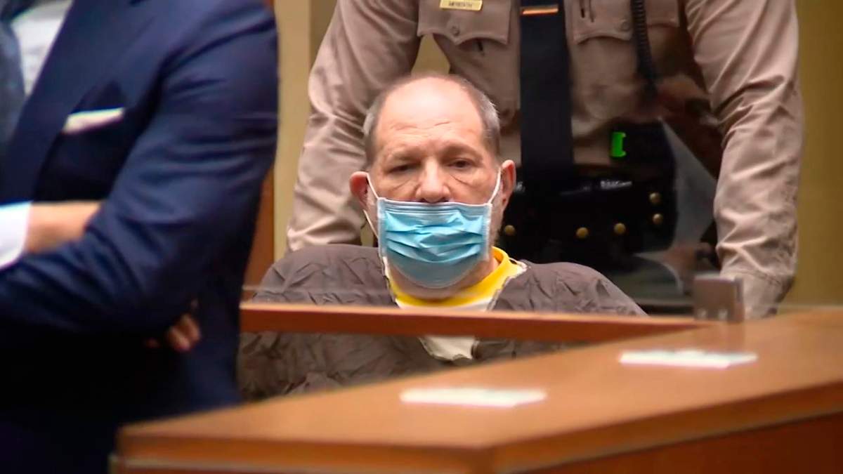 In this image taken from KABC pool video, Harvey Weinstein, the 69-year-old convicted rapist and disgraced movie mogul, wears a face mask during an arraignment hearing, Wednesday, July 21, 2021, in Los Angeles.