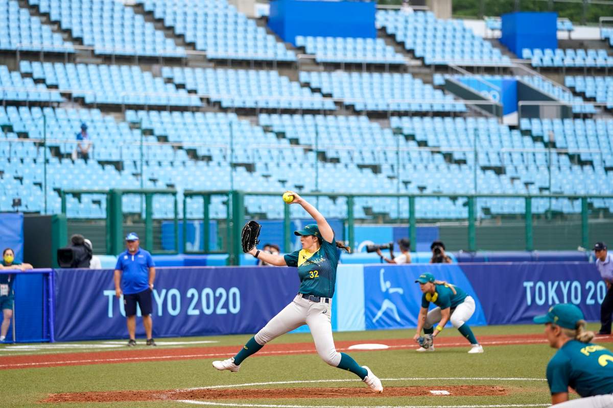 Australia’s Kaia Parnaby pitches during the softball game between the Italy and Australia at the 2020 Summer Olympics, July 22, 2021, in Fukushima, Japan.