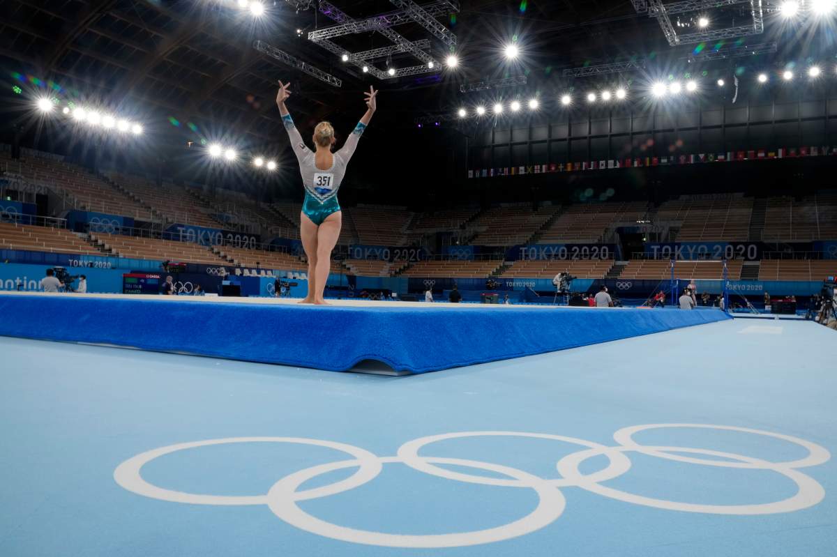 Asia D’Amato, of Italy, performs her floor exercise during the women’s artistic gymnastic qualifications at the 2020 Summer Olympics, July 25, 2021, in Tokyo.