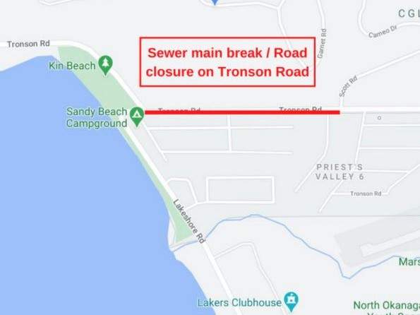 A map showing the location of the sewer pipe break along Tronson Road in Vernon on Saturday.