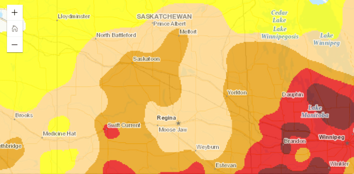 A Canadian Ministry of Agriculture map shows drought conditions in Saskatchewan as of June 30, 2021. The red colour seen near Swift Current and the US border indicates “extreme drought”.