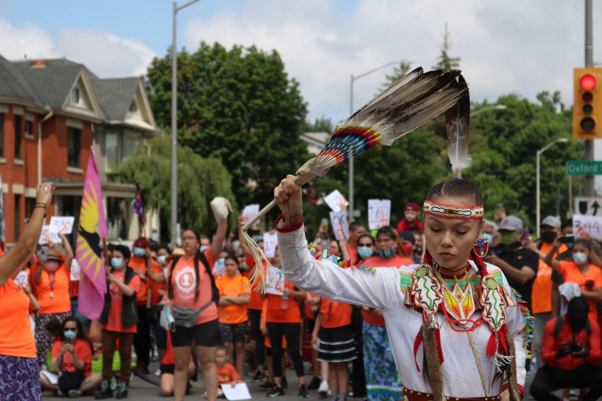 Debwaywin Deleary-Miskokomon, jingle dress dancer, Chippewa of the Thames First Nation at the Turtle Island Healing Walk on July 1, 2021