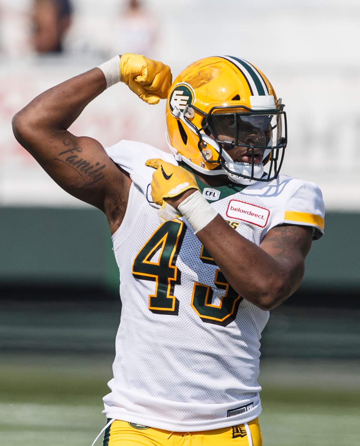 Vontae Diggs (43) celebrates a tackle during second half CFL pre-season action against the B.C. Lions, in Edmonton on Sunday, May 26, 2019.