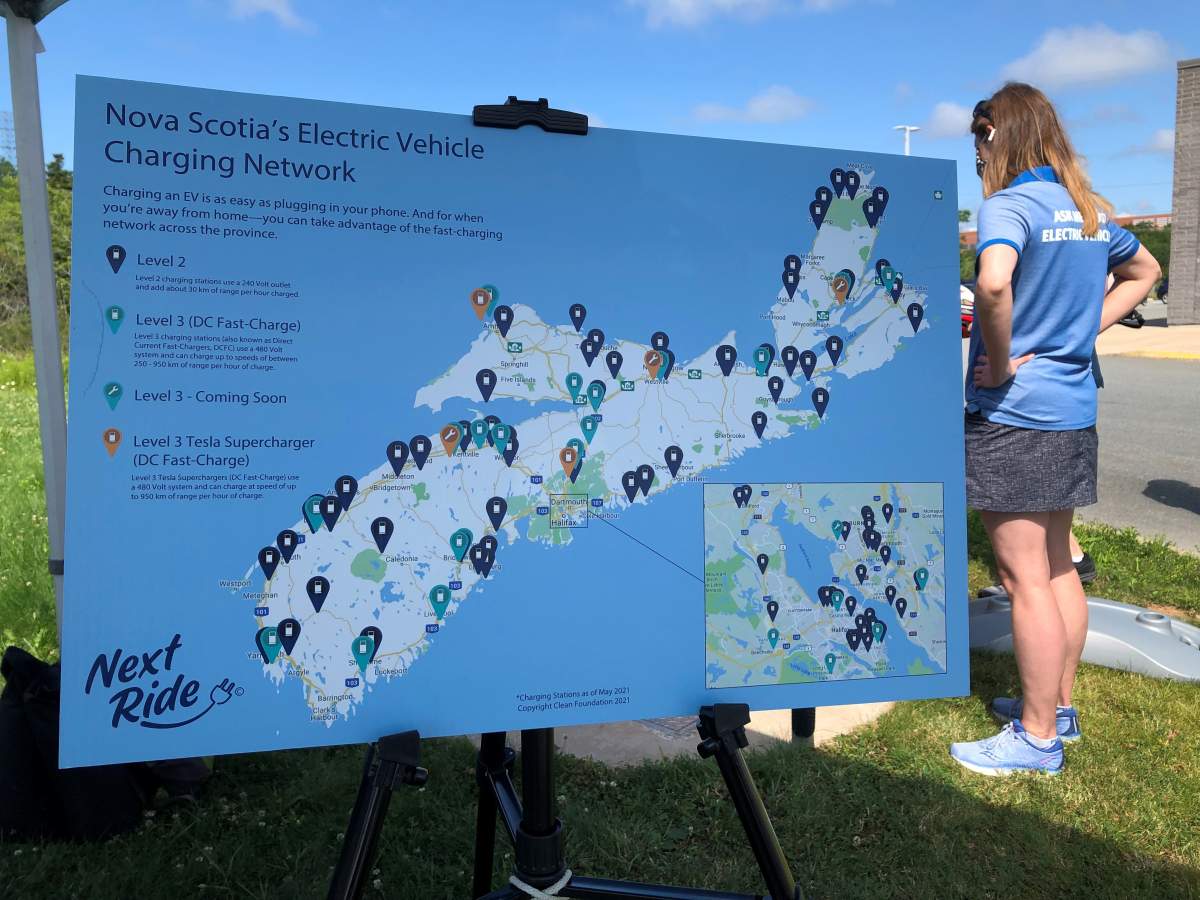 A map of Nova Scotia’s electric vehicle charging network, on display at the ‘Charge Up’ EV test drive event in Dartmouth on July 11, 2021.