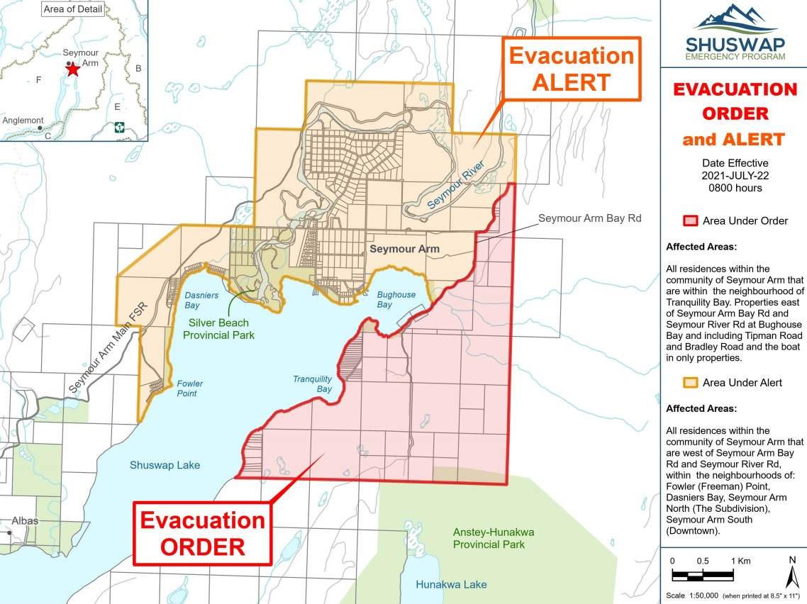 The evacuation order affects approximately 39 people on the east side of Seymour Arm, and firefighters went door-to-door to ensure people were notified.