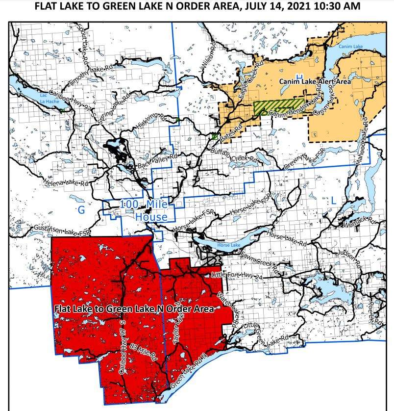 The area under evacuation order and alert in the Flat Lake area on Wednesday July 14.