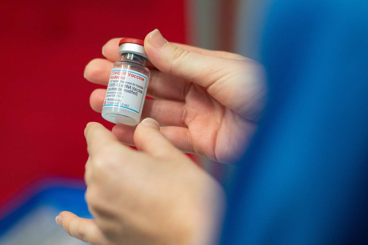 The Moderna COVID-19 vaccine, held at the West Wales General Hospital in Carmarthen, on April 7, 2021 in Carmarthen, Wales.