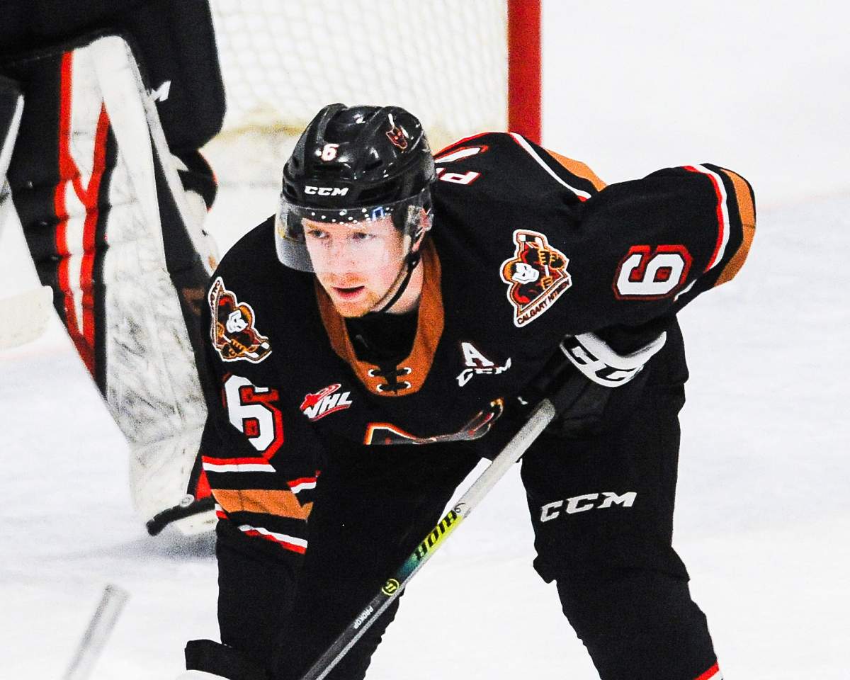 Luke Prokop #6 of the Calgary Hitmen in action against the Edmonton Oil Kings during a WHL game at Seven Chiefs Sportsplex on March 27, 2021 in Calgary.