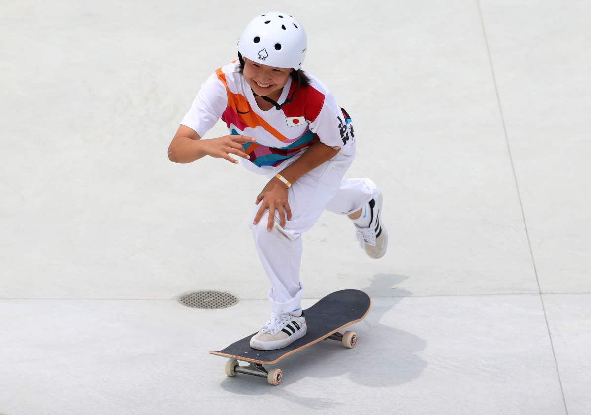 Momiji Nishiya of Team Japan competes during the Women's Street Final on day three of the Tokyo 2020 Olympic Games at Ariake Urban Sports Park on July 26, 2021 in Tokyo, Japan. 