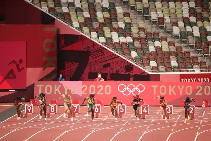  The 100m women's semi-finals inside the empty stadium due to COVID-19 .