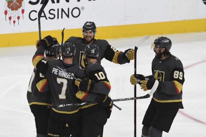 Vegas Golden Knights left wing Max Pacioretty (67) celebrates his goal with teammates during the third period in Game 5 of an NHL hockey Stanley Cup semifinal playoff series against the Montreal Canadiens Tuesday, June 22, 2021, in Las Vegas.
