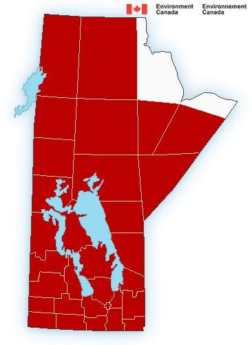Manitoba’s ‘Watches and Warnings’ map on Environment Canada is nearly covered in red, save for a stretch along Hudson’s Bay. Nearly the entire province was under a heat warning on Saturday morning.