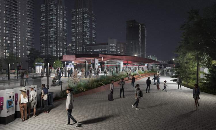 A rendering of The Victoria Park/Stampede LRT station overhaul and 17th Avenue SE extension.