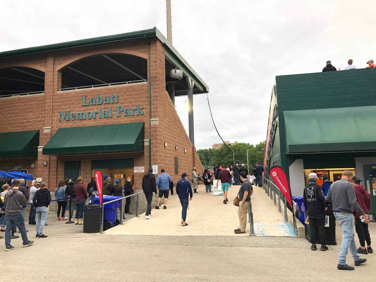 Fans make their way to the stands during the London Majors’ 2021 home opener on Friday.