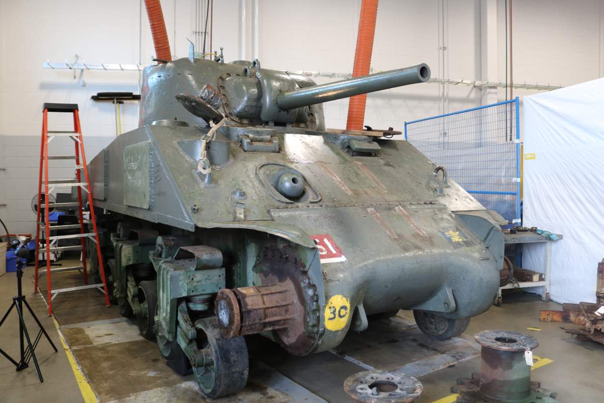 The Holy Roller tank being preserved at the Fanshawe School of Transportation Technology and Apprenticeship on July 29, 2021.