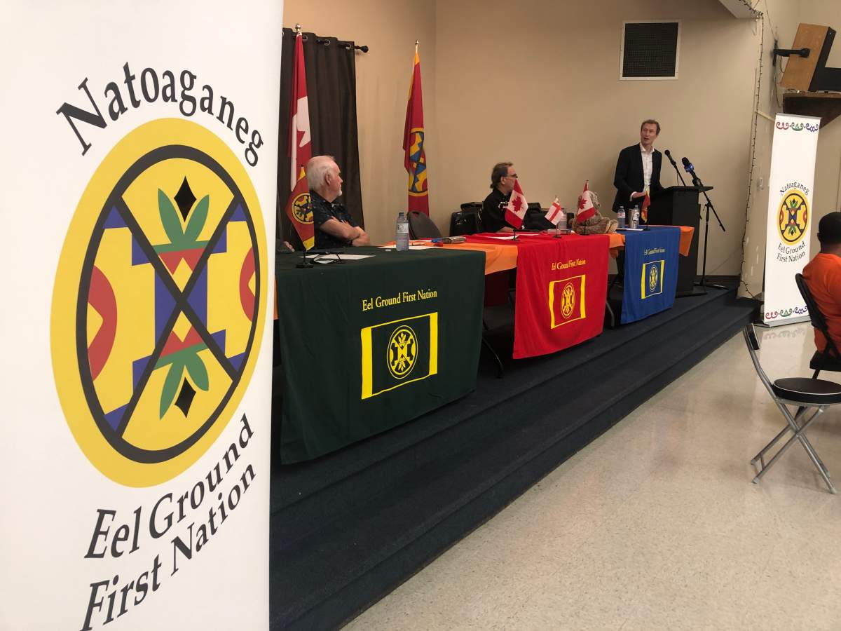Indigenous Services Minister Marc Miller announces one-of-12 new emergency shelters for Indigenous women, children and 2SLGBTQQIA+ people will be on the Natoaganeg First Nation. Also shown are, Chief George Ginnish (centre) and Assembly of First Nations Regional Chief Roger Augustine (left).