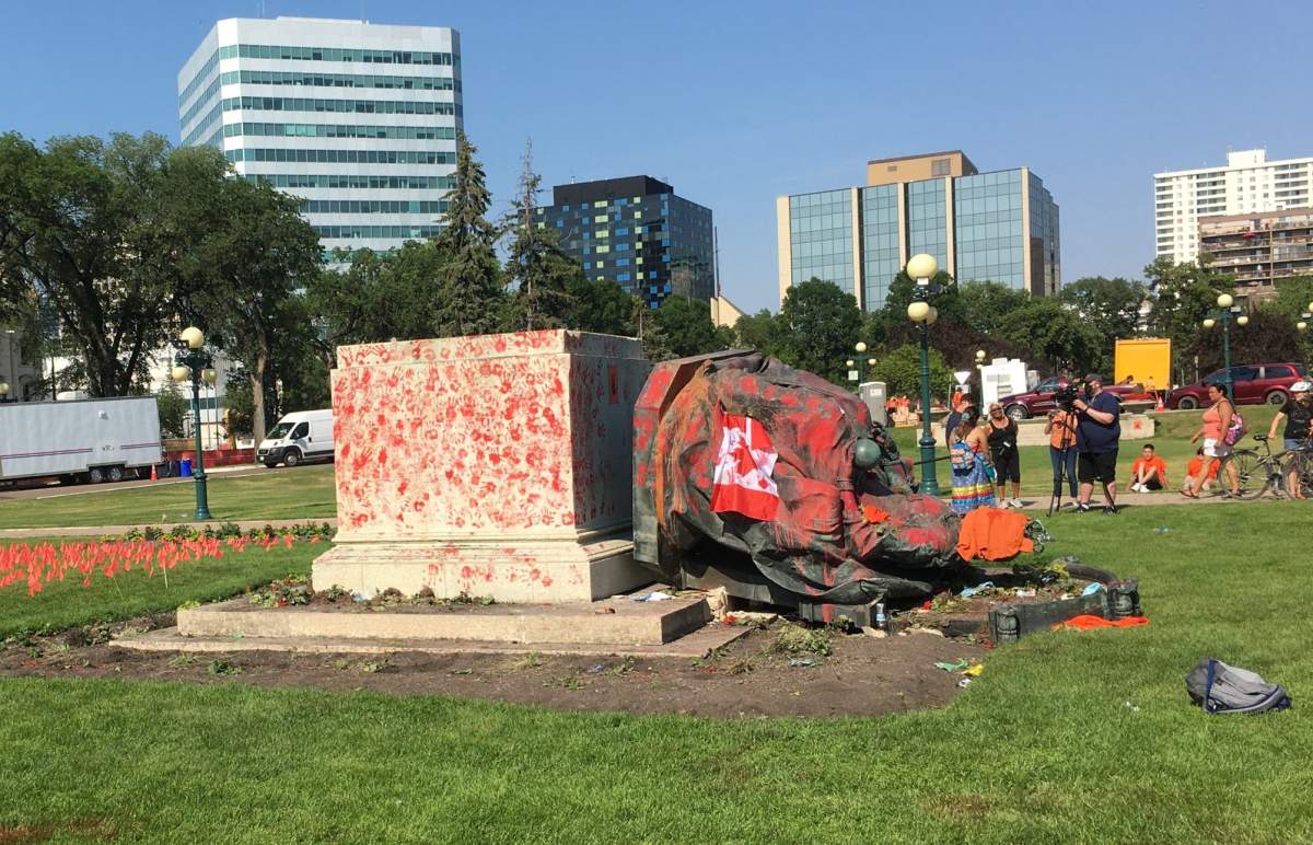 The statue of Queen Victoria was torn down Saturday afternoon.