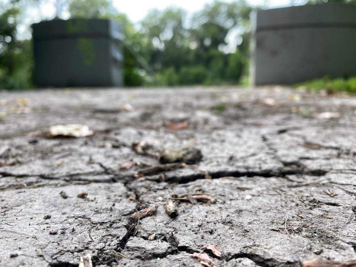 The dry and cracked ground seen near the Hugo Docks in Winnipeg.