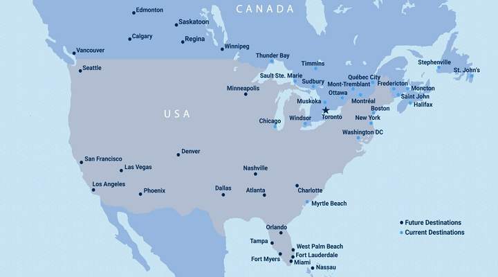 A map released by Porter Airlines on Monday shows current and potential destinations as the company prepares to embark on a major expansion.