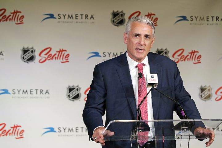 In this Thursday, July 18, 2019 file photo, Ron Francis talks to reporters in Seattle after he was introduced as the first general manager for Seattle’s yet-to-be-named NHL hockey expansion team.