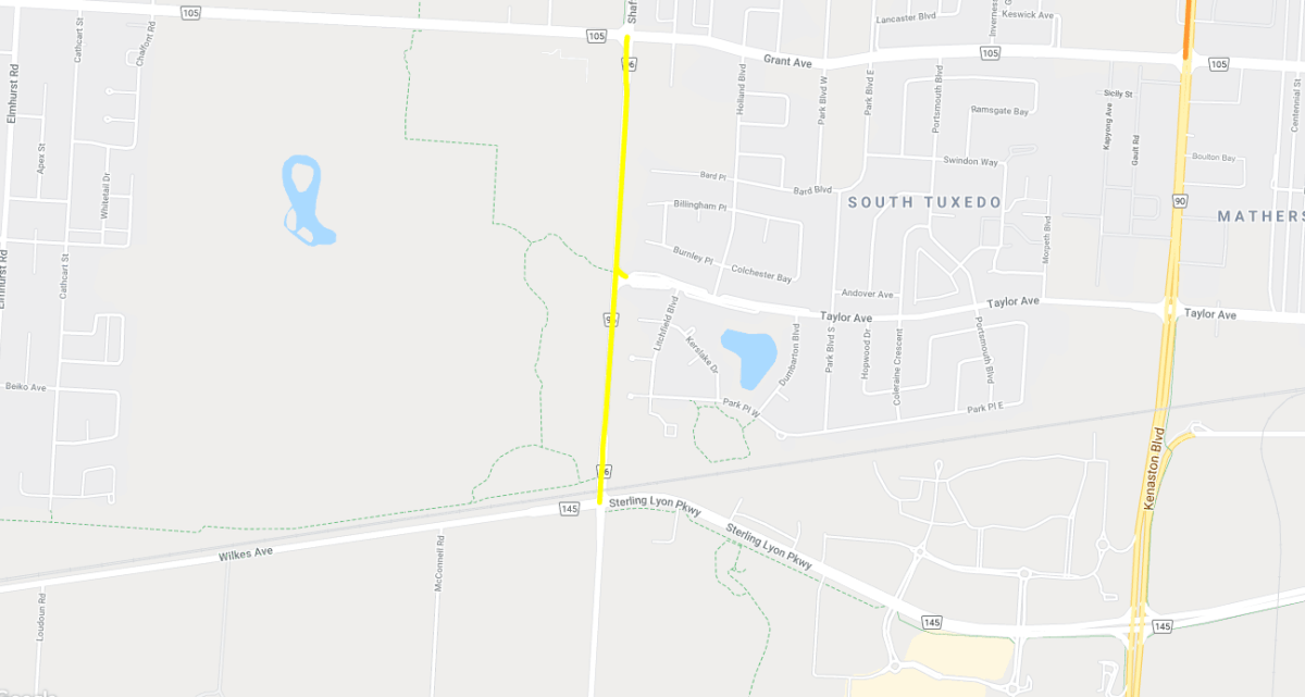 This stretch of Shaftsbury Blvd., (yellow, middle) will close from Sunday morning until the long weekend.