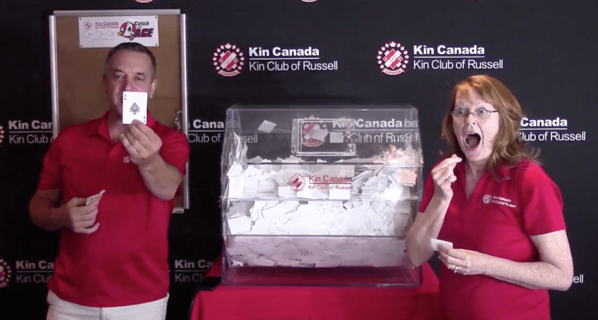 Doug and Cindy Anthony let Shawn Stephenson of Brockville, Ont., know he's caught the ace live on Facebook in the Kin Club of Russell's long-running progressive jackpot.