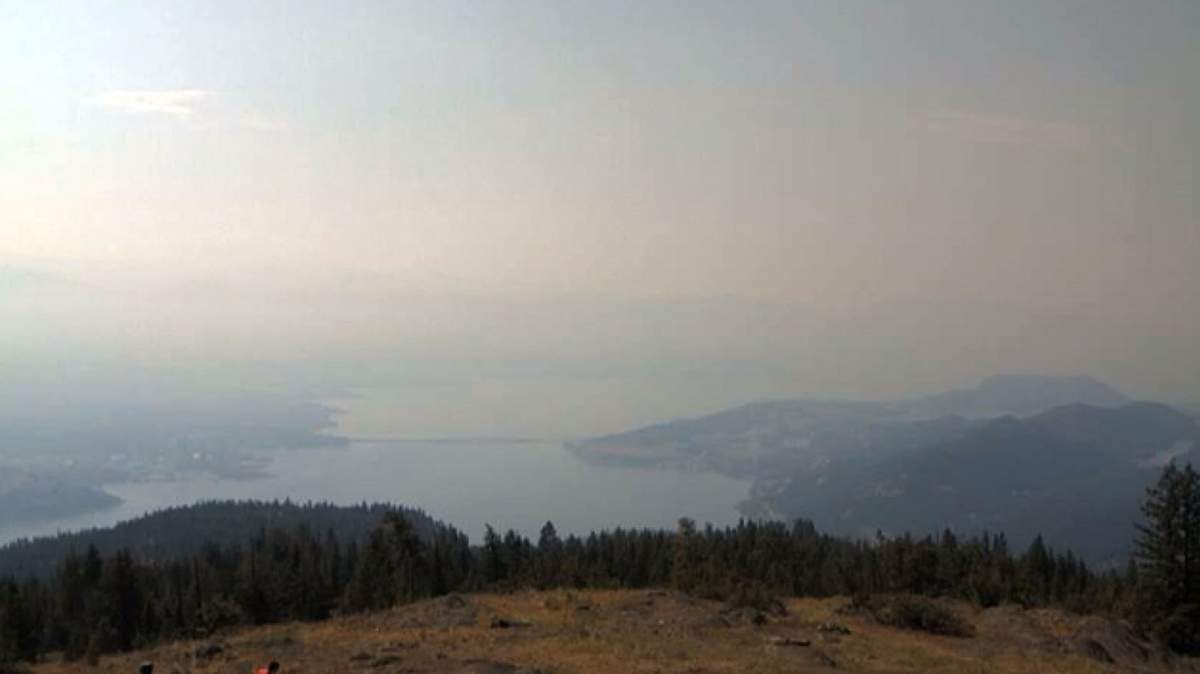 A photo showing smoky skies above Okanagan Lake, Kelowna and West Kelowna on Friday, July 2, 2021.