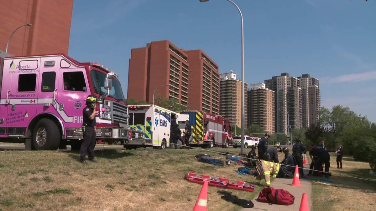 Edmonton emergency crews responded to Jasper Avenue near 90 Street, where a vehicle veering off the road and crashed into the North Saskatchewan River valley on Tuesday, July 13, 2021.