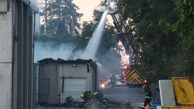 Surrey firefighters battle a blaze at the St. George Coptic Orthodox Church in Surrey's Whalley neighbourhood on July 19, 2021.