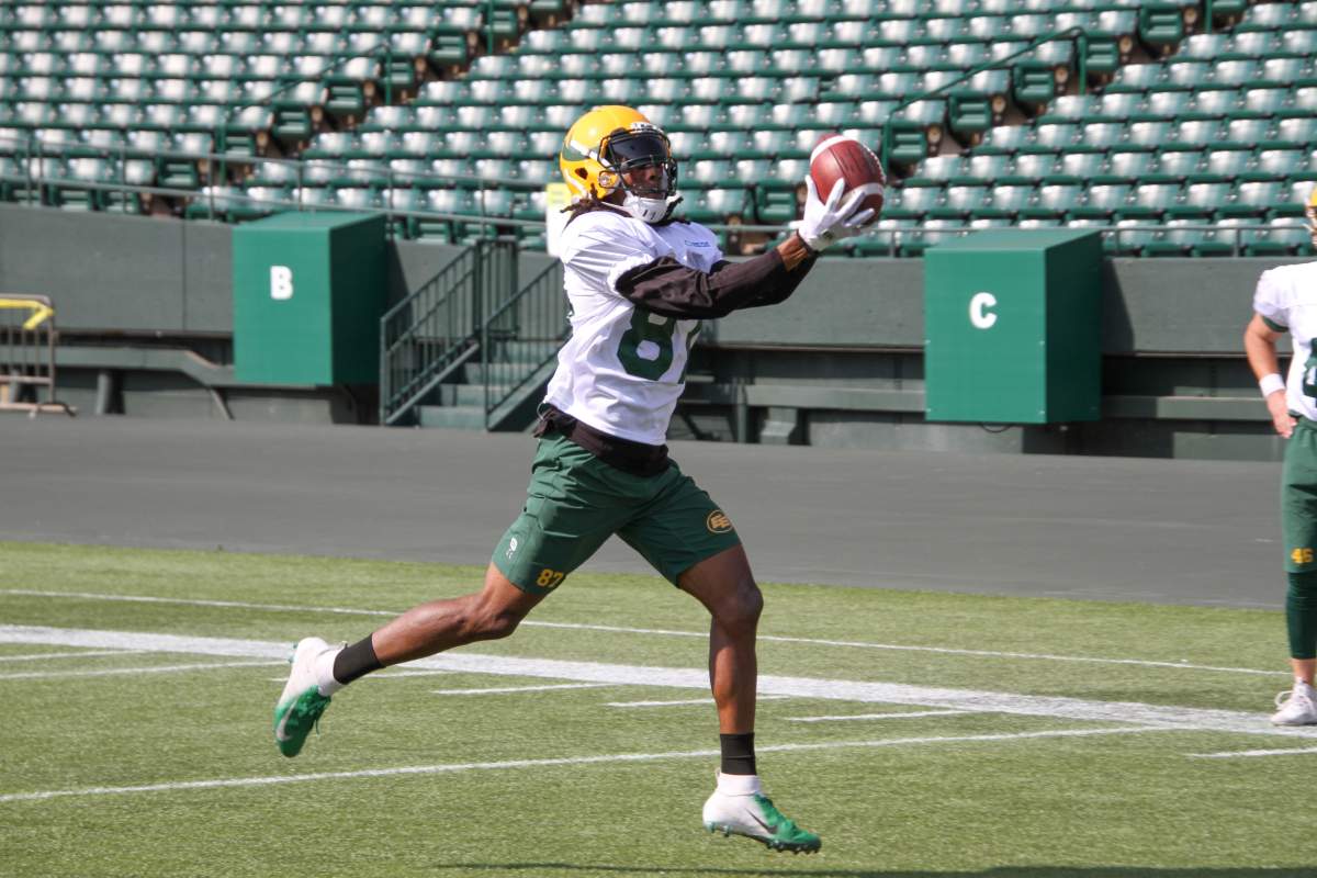 Edmonton Elks receiver Derel Walker catches a ball during 2021 training camp.
